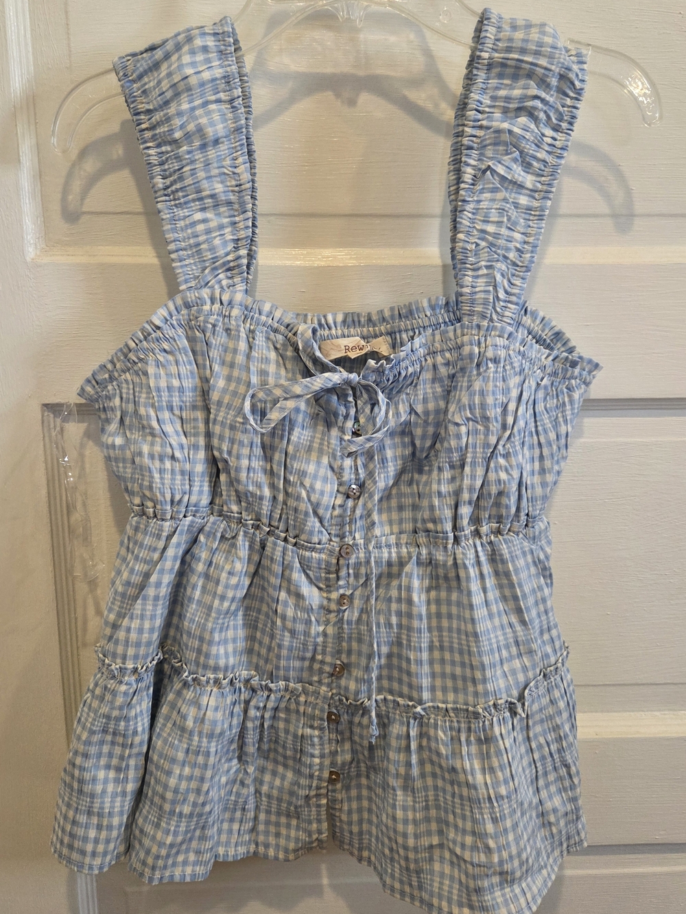 Rewind Light Blue and White Gingham Tie-Front Tank